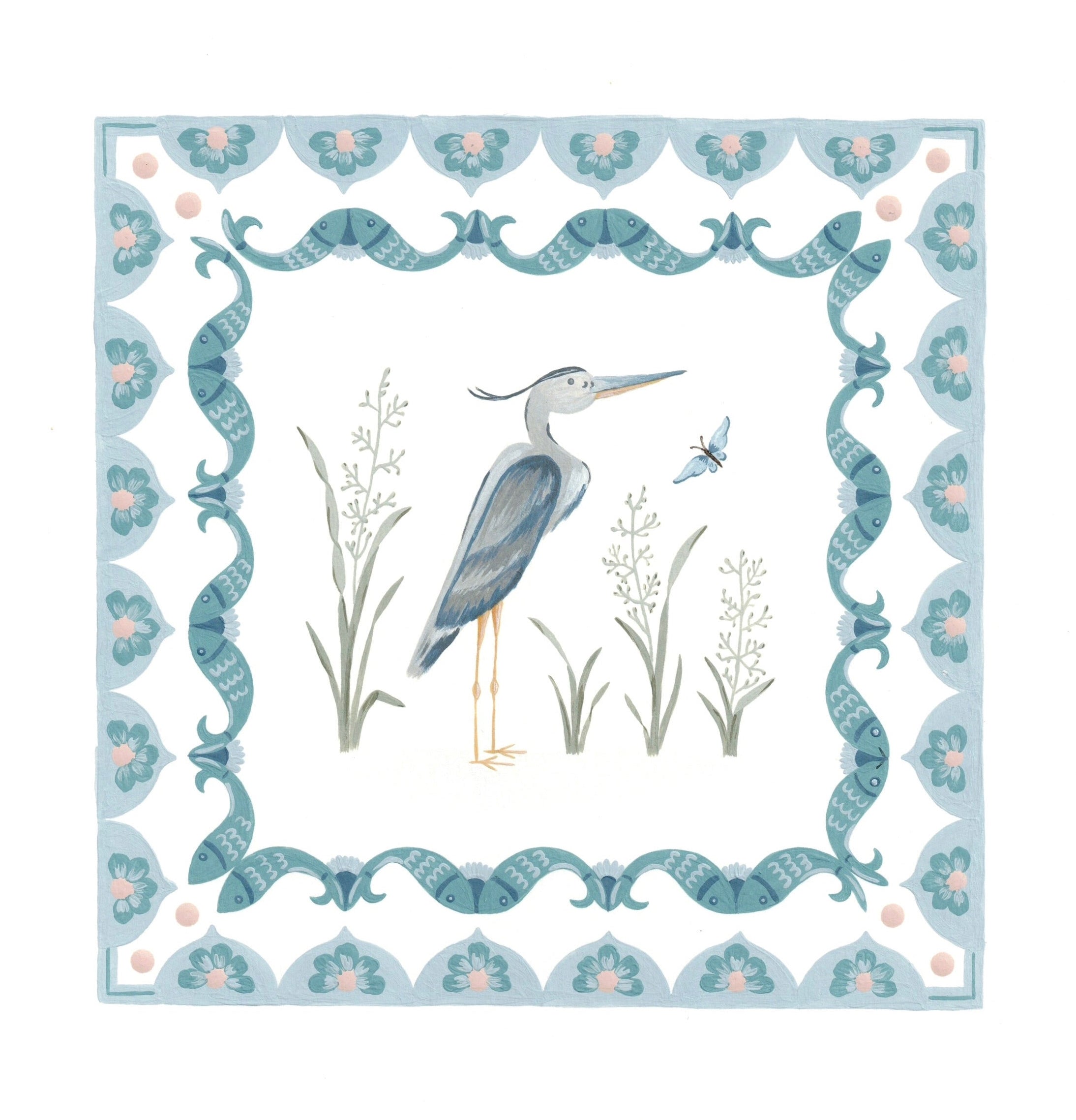 Decorative card with a heron illustration and decorative border on a white background