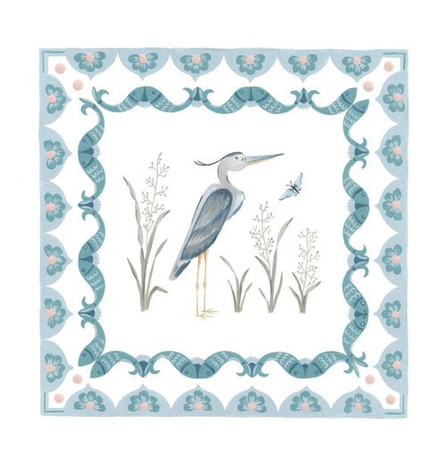 Decorative card with a heron illustration and decorative border on a white background