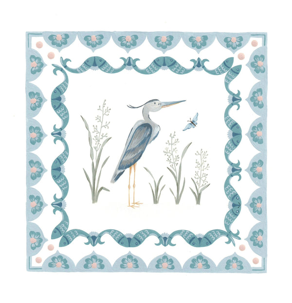 Decorative card with a heron illustration and decorative border on a white background