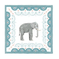 Gray elephant illustration on a decorative white background with floral patterns