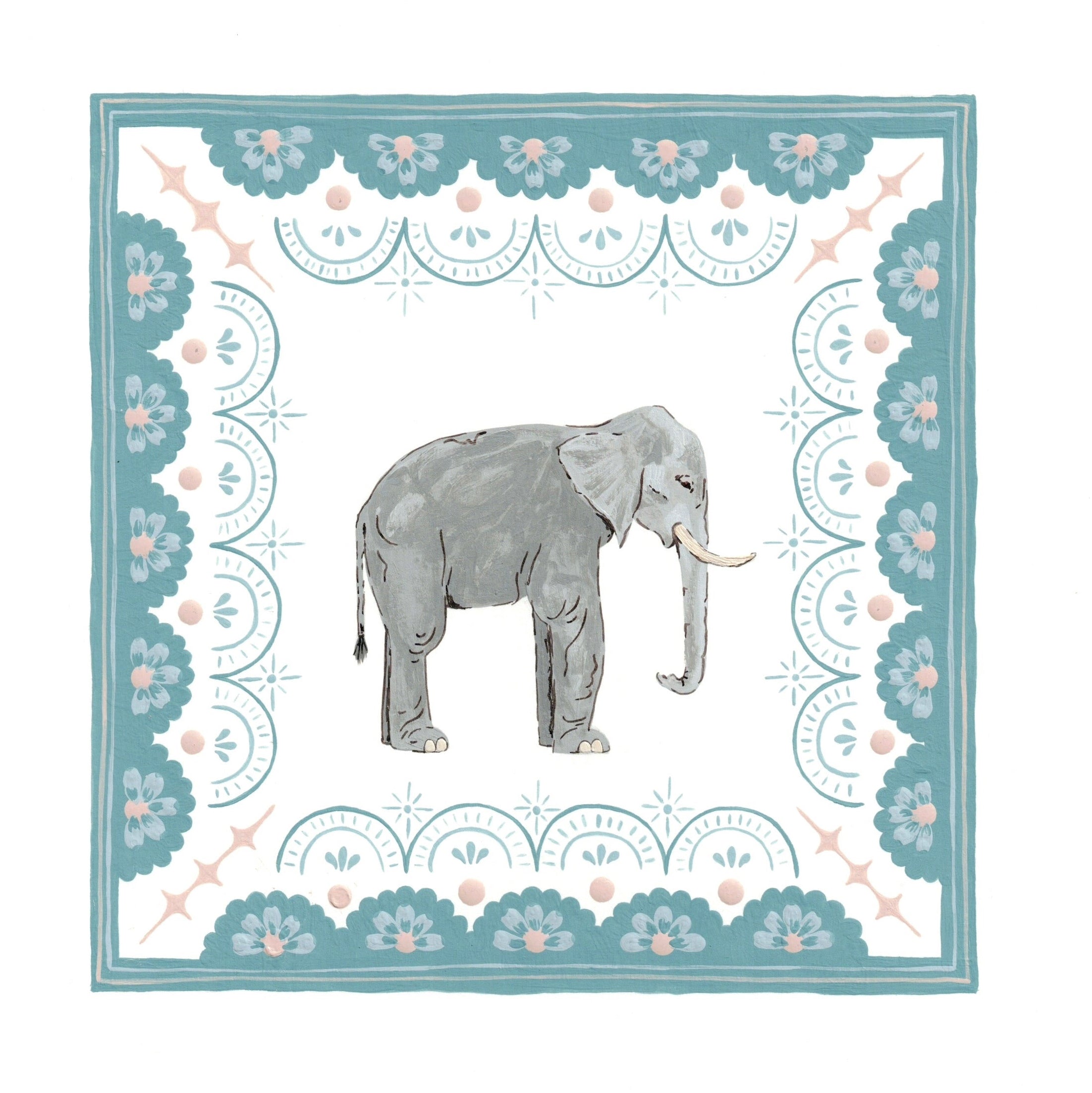 Gray elephant illustration on a decorative white background with floral patterns