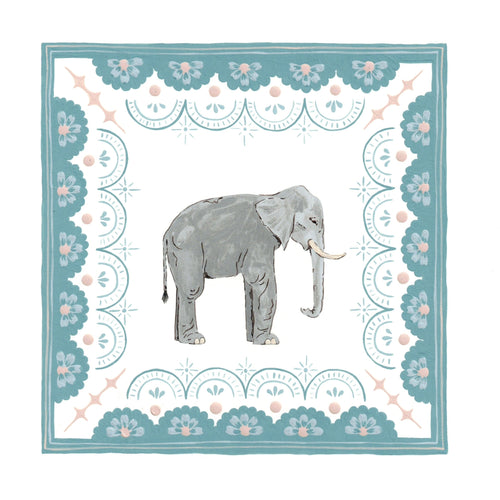 Gray elephant illustration on a decorative white background with floral patterns