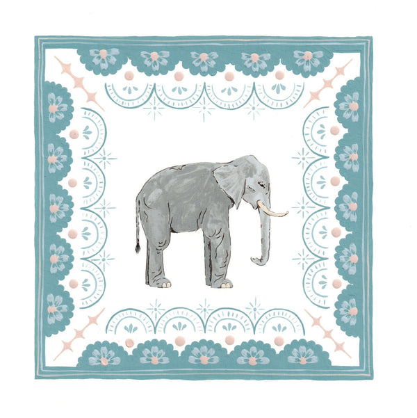 Gray elephant illustration on a decorative white background with floral patterns